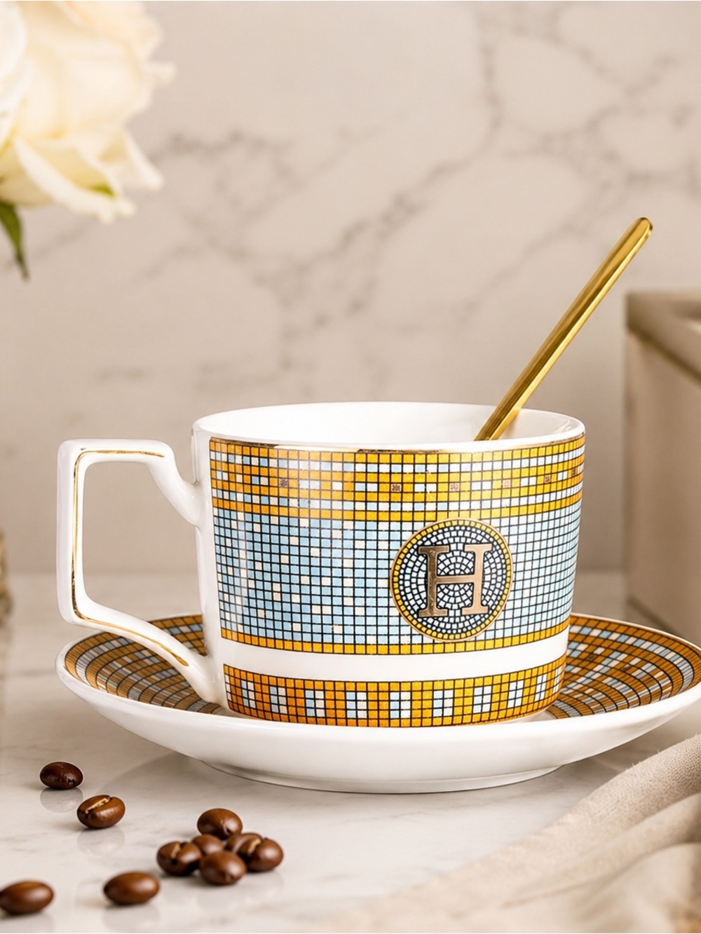 Elegant Mosaic Porcelain Coffee Cup & Saucer Set with Gold Spoon